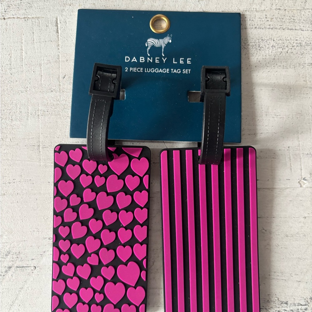 Dabney Lee Black and Pink Heart Stripe Luggage Tags